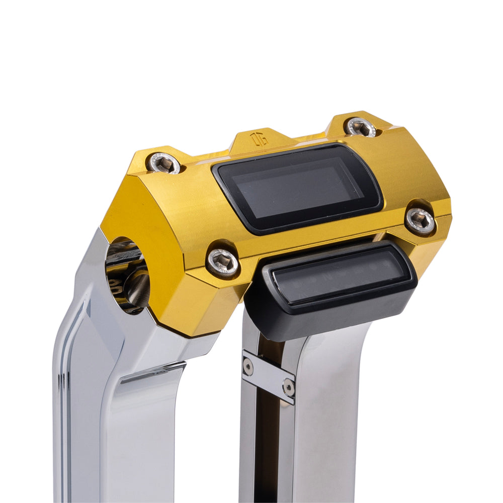 OG Chrome 6.5 inch Pull Back Risers with Gold Digital Gauge Cut Out Top Clamp