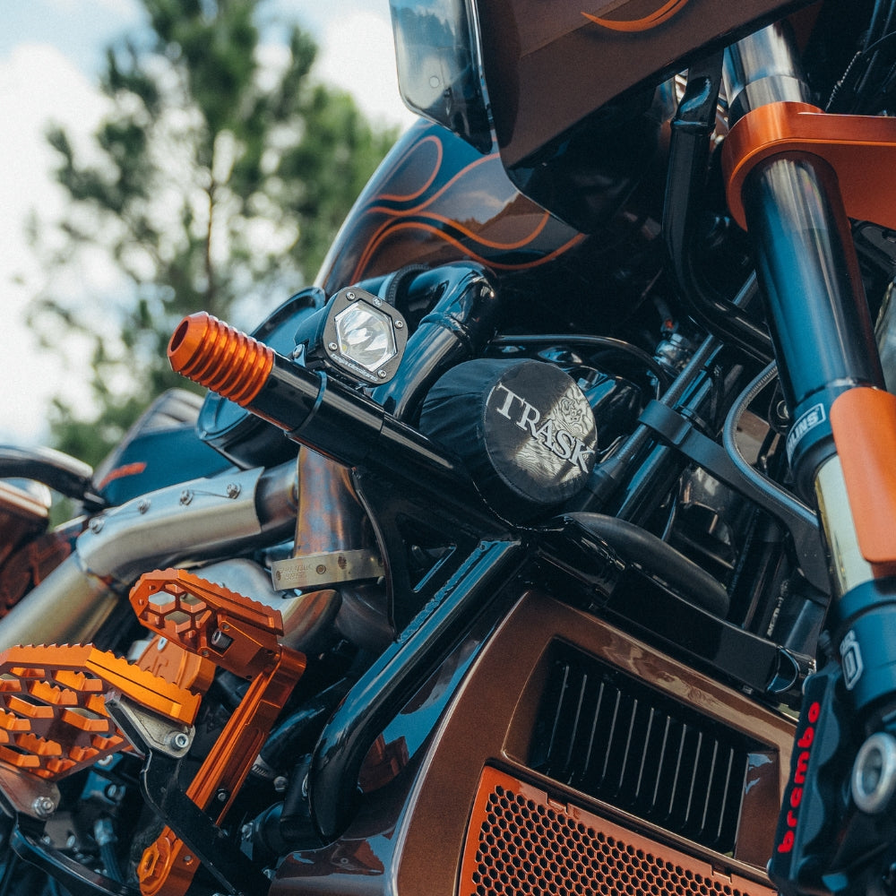 S1 Black LED Auxiliary Light Pod Pair - Universal installed on a 2024 Road Glide Turbo on the OG Highway Crash Bars for 2024-Up Touring models using our OG Fog Light Crash Bar Mounts