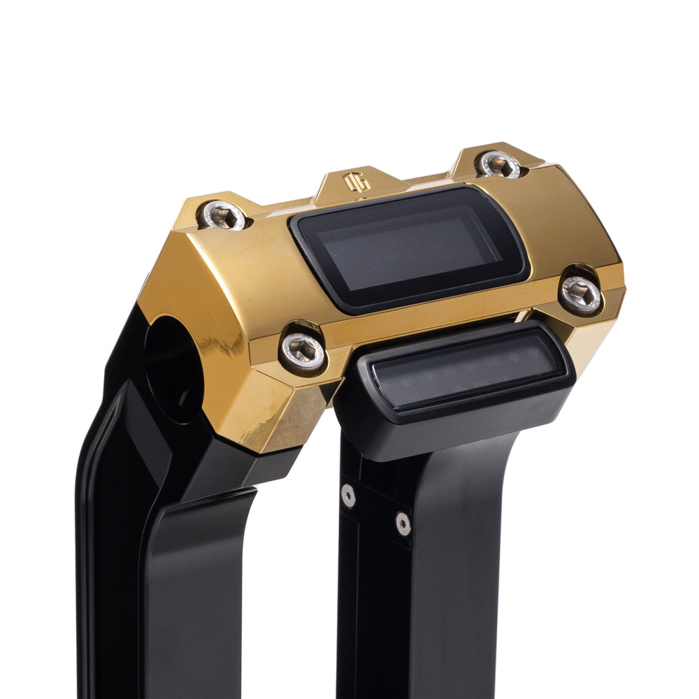 OG Black 10.5 inch Pull Back Risers with Gold Plating Digital Gauge Cut Out Top Clamp