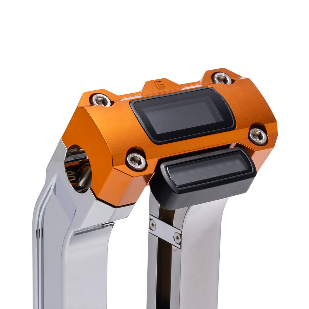 OG Chrome 6.5 inch Pull Back Risers with Orange Digital Gauge Cut Out Top Clamp