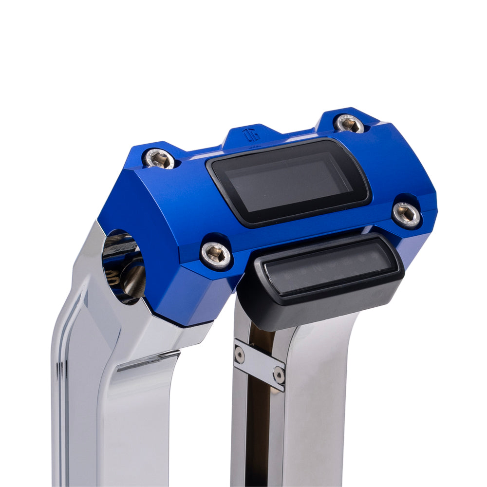 OG Chrome 8.5 inch Straight Risers with Blue Digital Gauge Cut Out Top Clamp