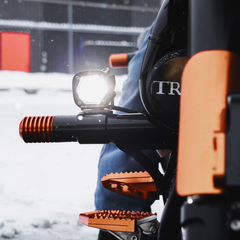 S1 Black LED Auxiliary Light Pod Pair - Universal installed on a 2024 Road Glide Turbo on the OG Highway Crash Bars for 2024-Up Touring models using our OG Fog Light Crash Bar Mounts